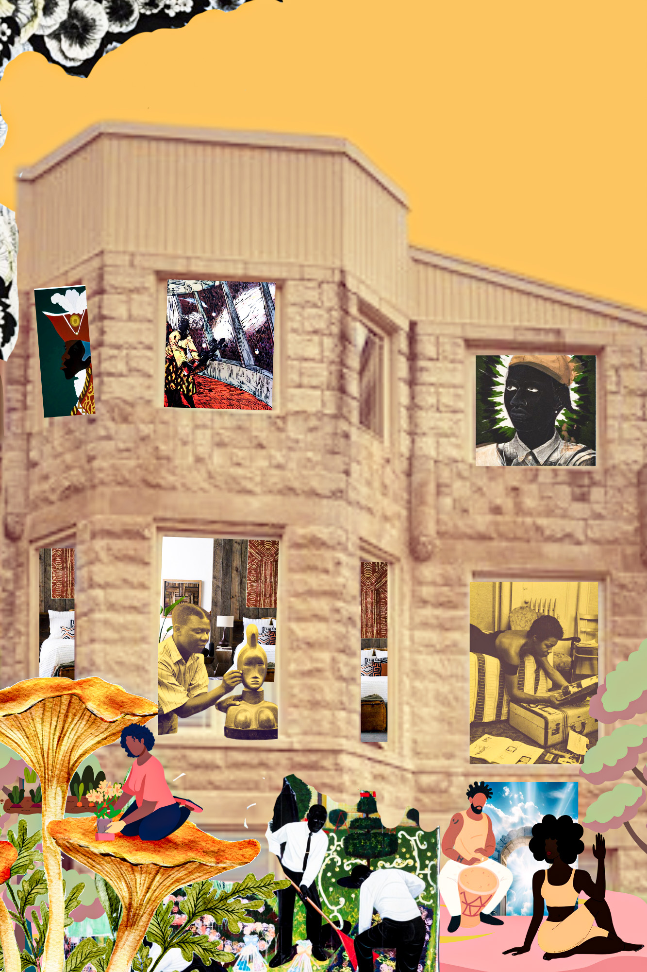 Collage of the Woodlawn residence with artwork filling its windows, surrounded by figures gardening, drumming, and making art.